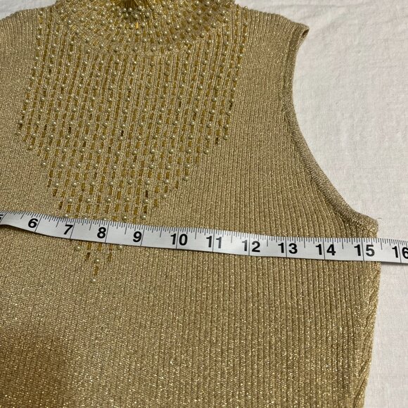 Lillie Rubin Gold Metallic Beaded Sleeveless Top M Peal Embroidered High Neck - Picture 5 of 6